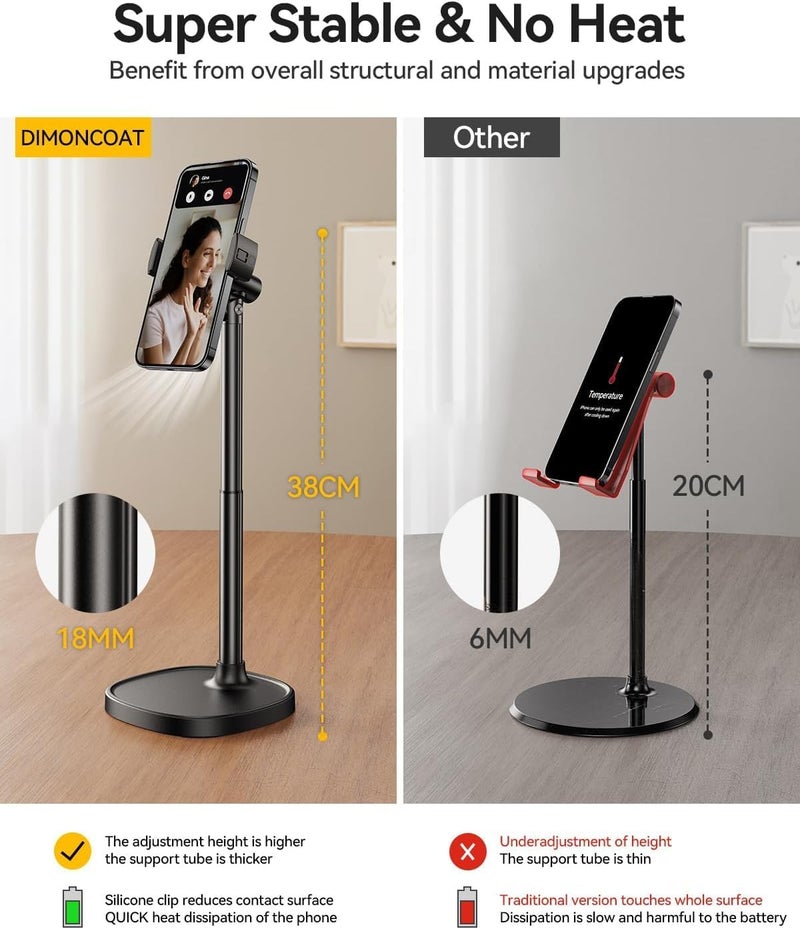 DIMONCOAT Phone Stand for Desk, Angle Height Adjustable Phone Holder for Desk, Aluminum Alloy Universal iPhone Holder, Retractable Cell Phone Stand Recording Office for iPhone 17 16 15 Pro Max Air - Image 3